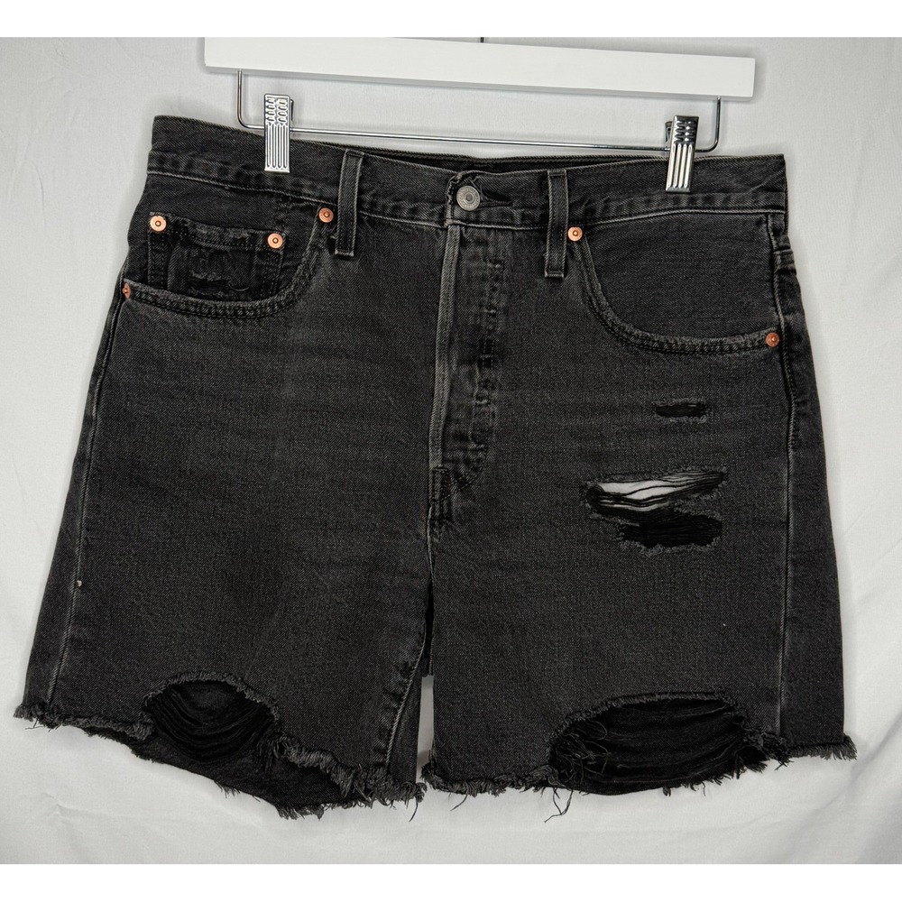 Levis 501 Original High‎ Rise Distressed Black Denim Jean Shorts W31 Raw Hem